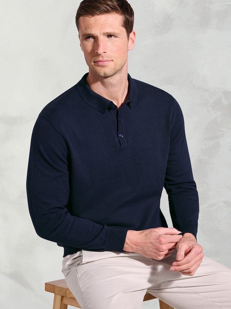 Brook Taverner Blue Cotton Merino Long Sleeve Polo Shirt - Image 3 of 3 Brook Taverner Blue Cotton Merino Long Sleeve Polo Shirt - Image 3 of 3