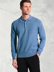 Brook Taverner Blue Textured Cotton Long Sleeve Polo Shirt - Image 1 of 3