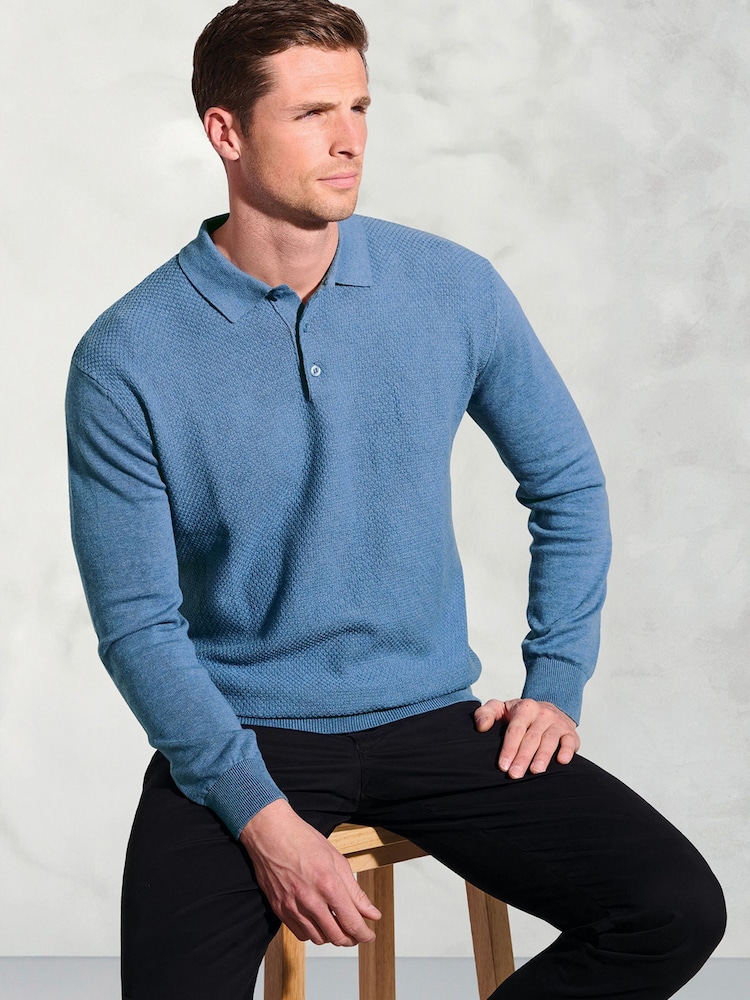 Brook Taverner Blue Textured Cotton Long Sleeve Polo Shirt - Image 2 of 3