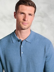 Brook Taverner Blue Textured Cotton Long Sleeve Polo Shirt - Image 3 of 3