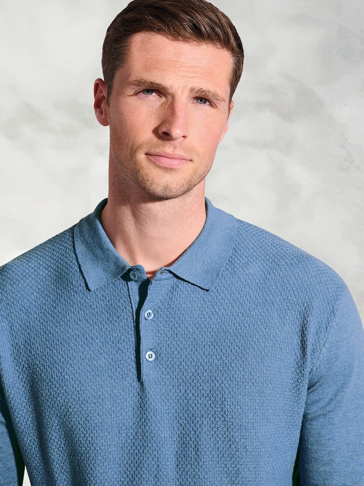 Brook Taverner Blue Textured Cotton Long Sleeve Polo Shirt - Image 3 of 3