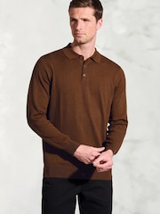 Brook Taverner Brown Cotton Merino Long Sleeve Polo Shirt - Image 1 of 3