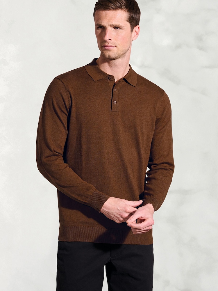Brook Taverner Brown Cotton Merino Long Sleeve Polo Shirt - Image 1 of 3 Brook Taverner Brown Cotton Merino Long Sleeve Polo Shirt - Image 1 of 3