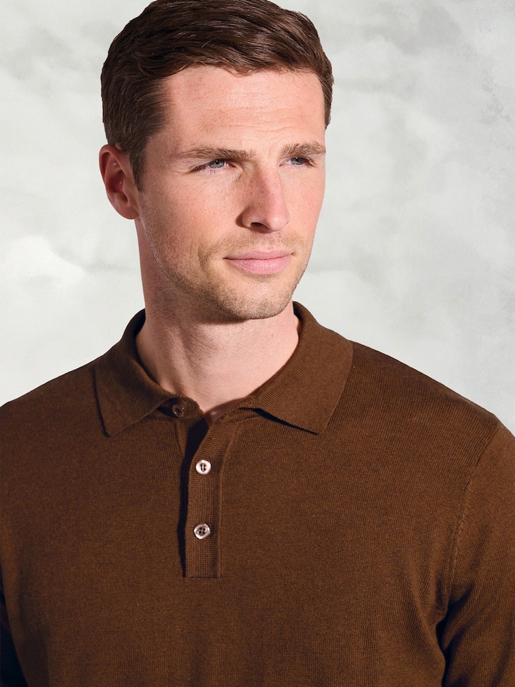 Brook Taverner Brown Cotton Merino Long Sleeve Polo Shirt - Image 2 of 3 Brook Taverner Brown Cotton Merino Long Sleeve Polo Shirt - Image 2 of 3
