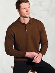 Brook Taverner Brown Cotton Merino Long Sleeve Polo Shirt - Image 3 of 3