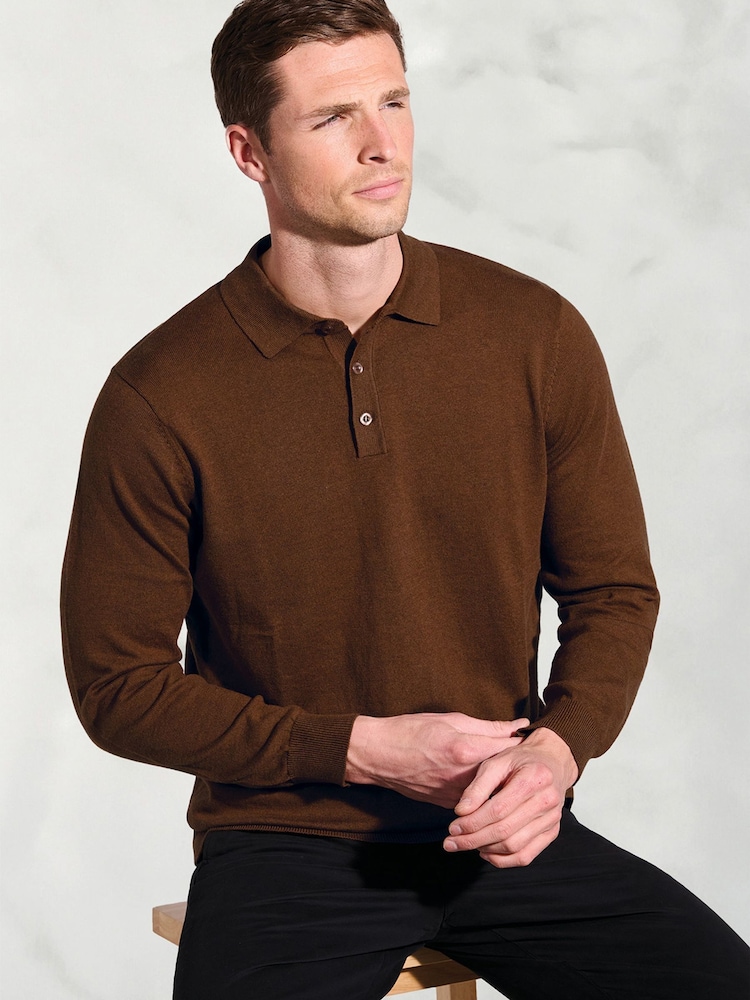 Brook Taverner Brown Cotton Merino Long Sleeve Polo Shirt - Image 3 of 3 Brook Taverner Brown Cotton Merino Long Sleeve Polo Shirt - Image 3 of 3