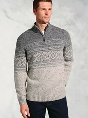 Brook Taverner Grey Fairisle Pattern Nep Lambswool Zip Neck Jumper - Image 1 of 3