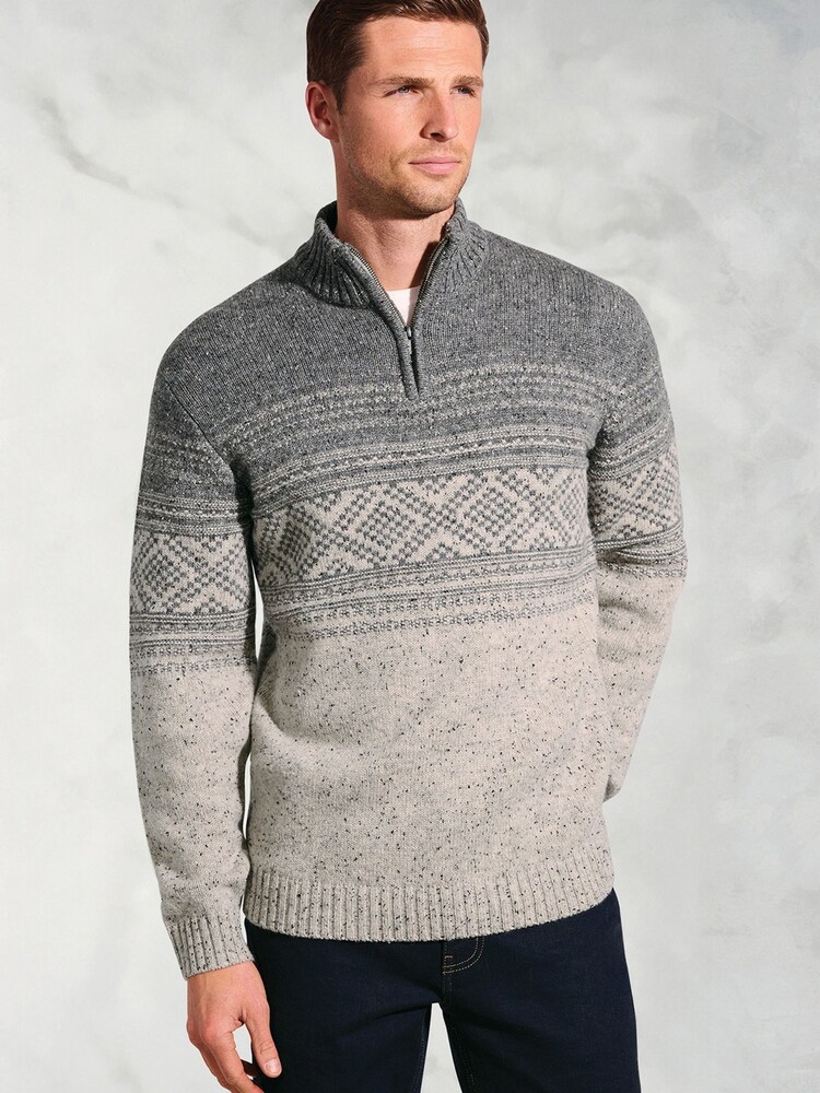 Brook Taverner Grey Fairisle Pattern Nep Lambswool Zip Neck Jumper - Image 1 of 3