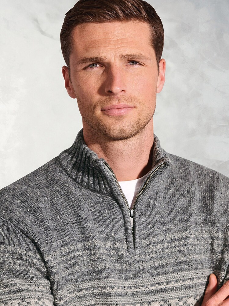 Brook Taverner Grey Fairisle Pattern Nep Lambswool Zip Neck Jumper - Image 2 of 3