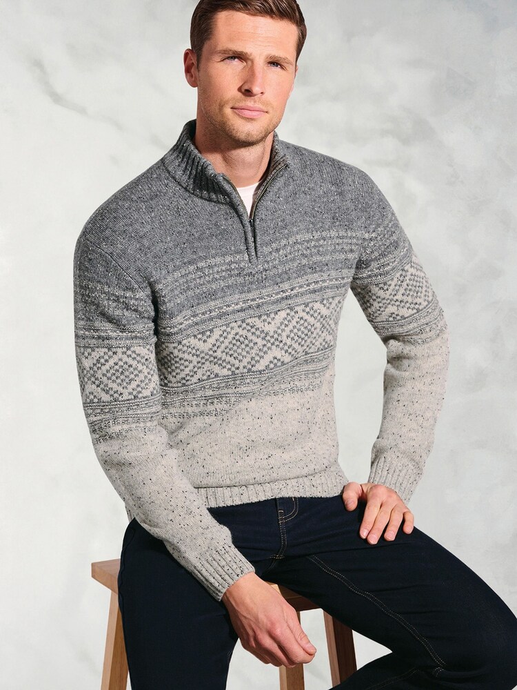 Brook Taverner Grey Fairisle Pattern Nep Lambswool Zip Neck Jumper - Image 3 of 3