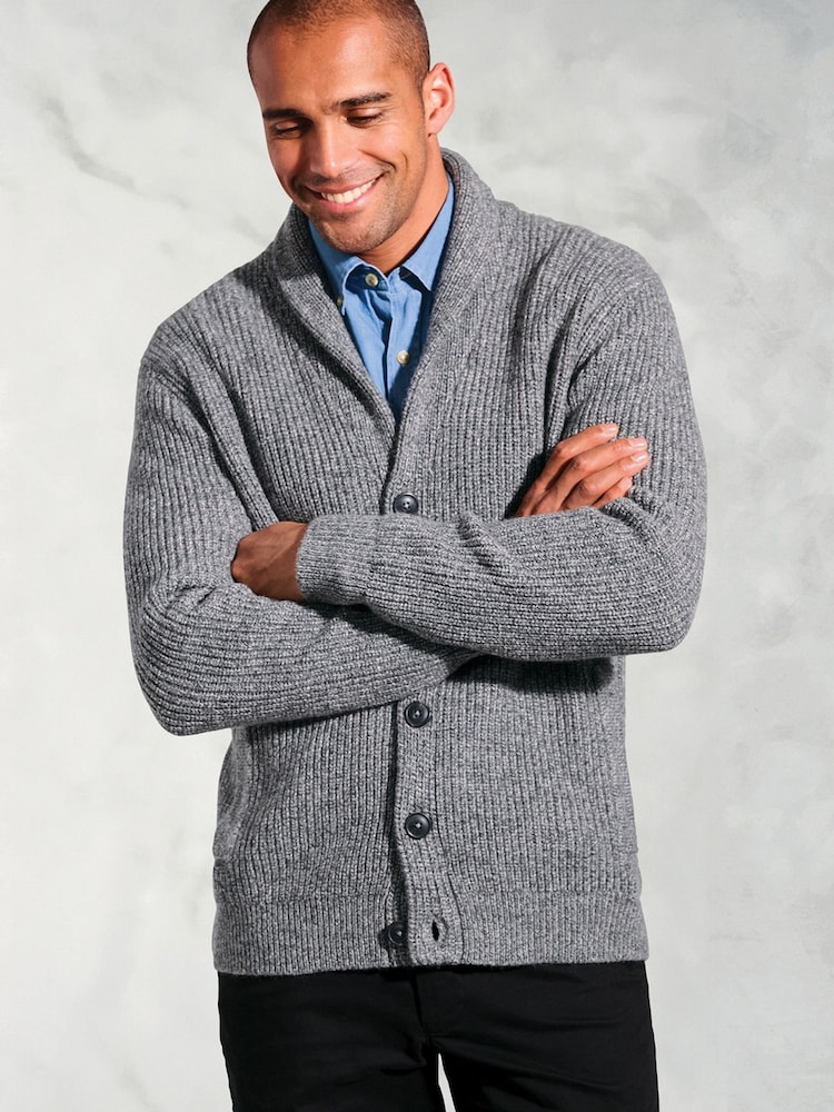 Brook Taverner Grey Textured Lambswool Shawl Collar Cardigan - Image 1 of 3 Brook Taverner Grey Textured Lambswool Shawl Collar Cardigan - Image 1 of 3