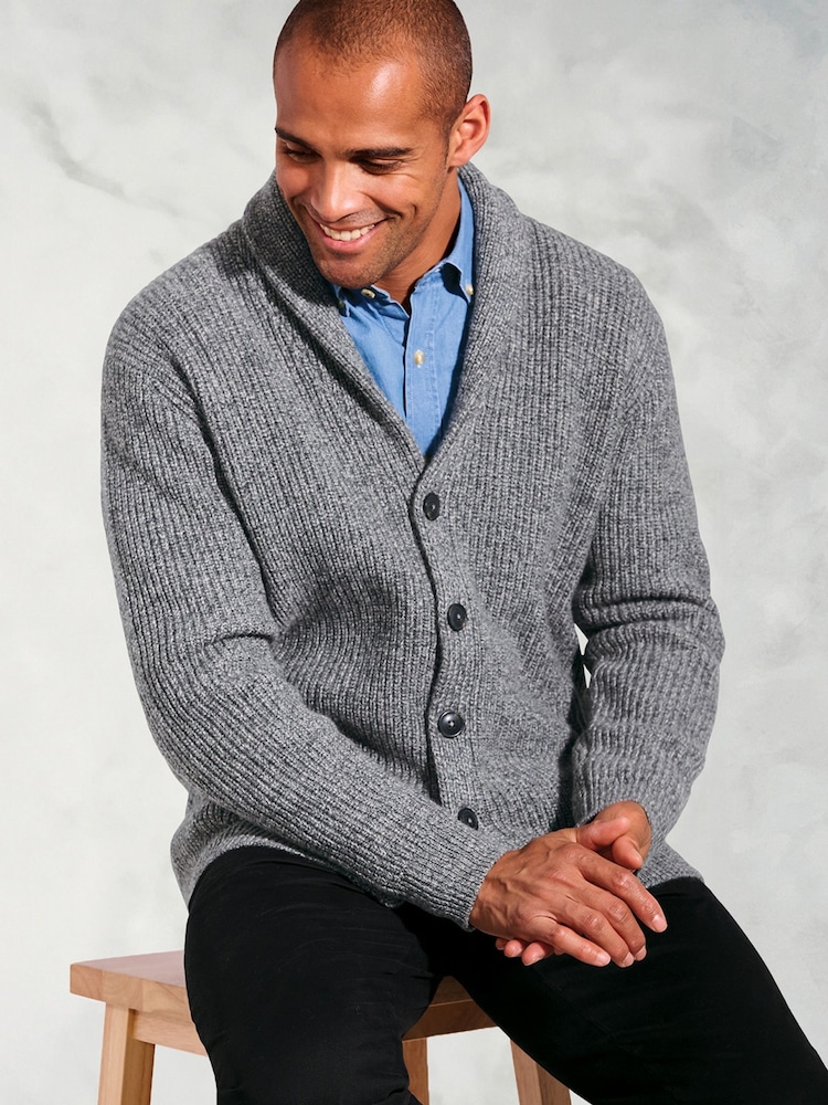 Brook Taverner Grey Textured Lambswool Shawl Collar Cardigan - Image 2 of 3 Brook Taverner Grey Textured Lambswool Shawl Collar Cardigan - Image 2 of 3