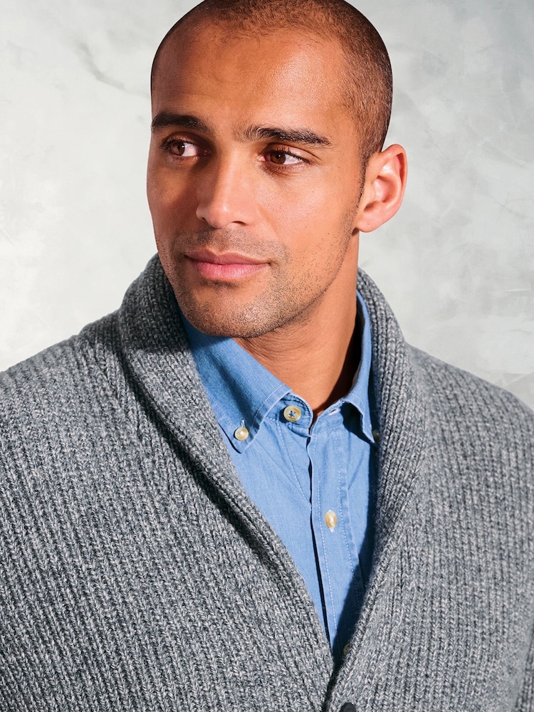 Brook Taverner Grey Textured Lambswool Shawl Collar Cardigan - Image 3 of 3 Brook Taverner Grey Textured Lambswool Shawl Collar Cardigan - Image 3 of 3