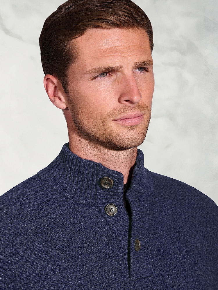 Brook Taverner Blue Textured Lambswool Button Neck Jumper - Image 2 of 3 Brook Taverner Blue Textured Lambswool Button Neck Jumper - Image 2 of 3