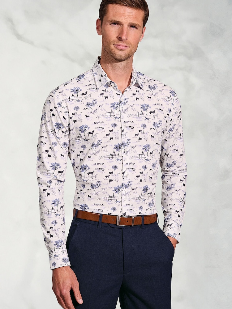 Brook Taverner White Watercolour Country Scene Print Cotton Shirt - Image 1 of 5 Brook Taverner White Watercolour Country Scene Print Cotton Shirt - Image 1 of 5