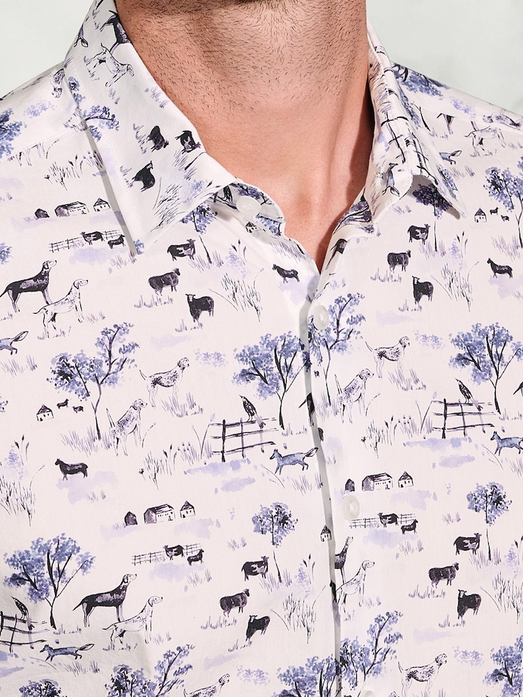 Brook Taverner White Watercolour Country Scene Print Cotton Shirt - Image 2 of 5 Brook Taverner White Watercolour Country Scene Print Cotton Shirt - Image 2 of 5