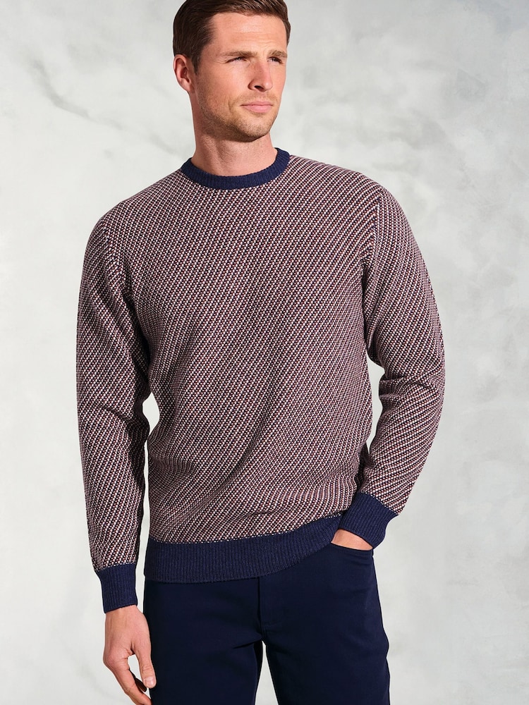 Brook Taverner Brown Textured Stripe Lambswool Crew Neck Jumper - Image 1 of 3