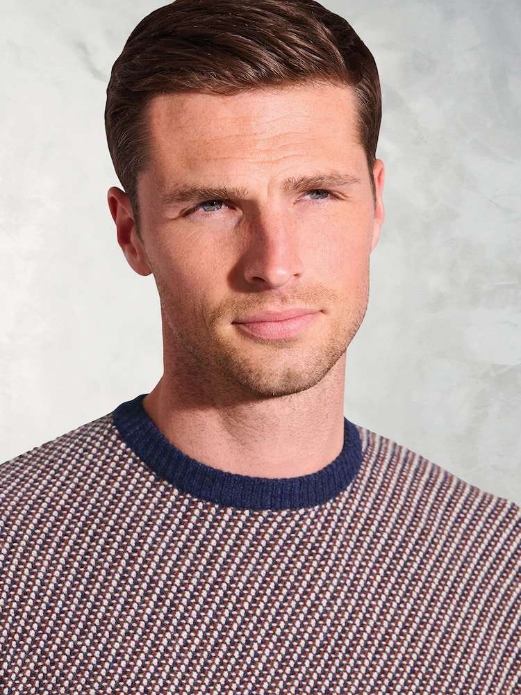 Brook Taverner Brown Textured Stripe Lambswool Crew Neck Jumper - Image 3 of 3