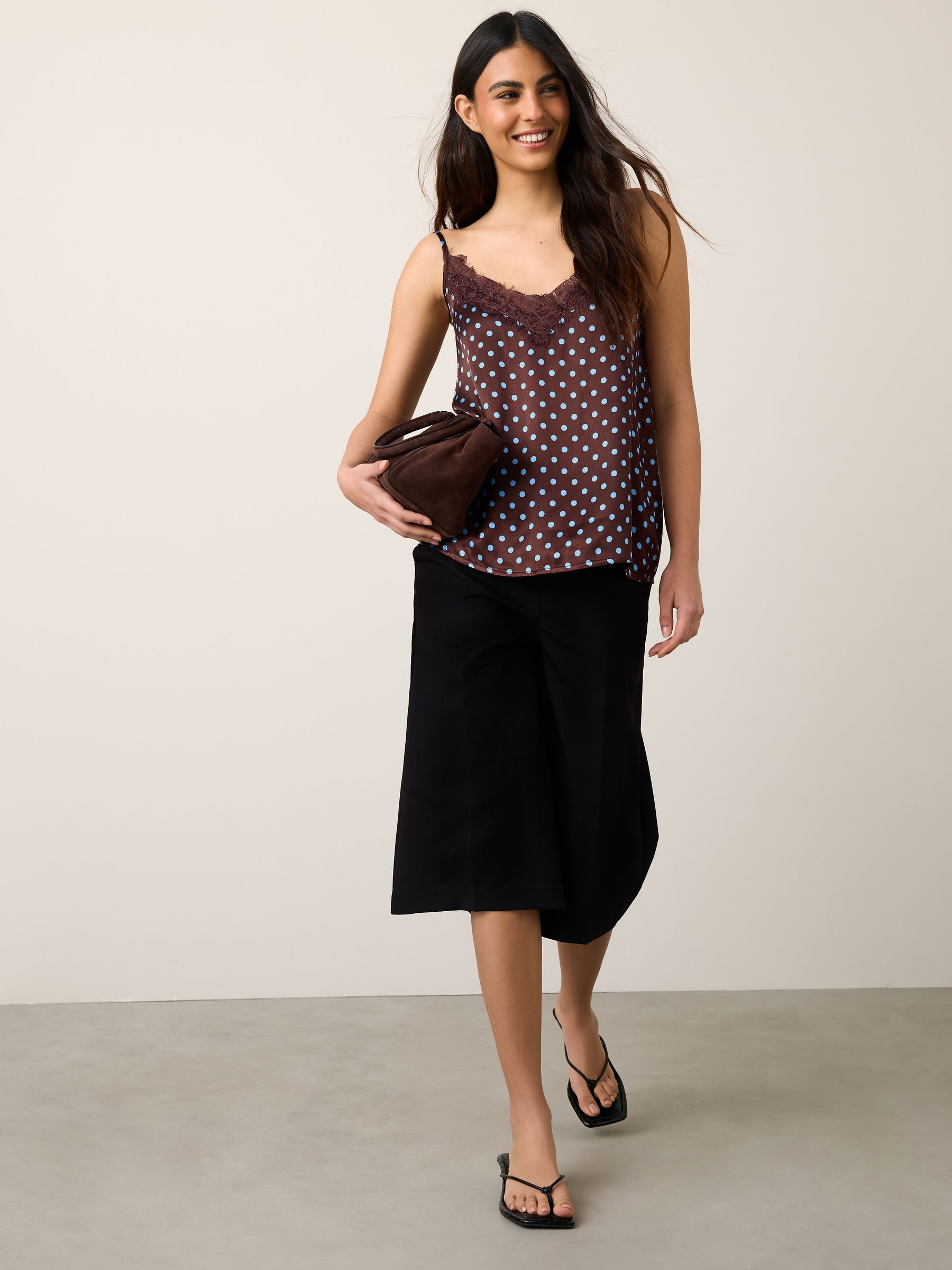 Buy Chocolate Brown/Blue Polka Dot Satin Lace Trim Cami Top from