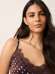 Chocolate Brown/Blue Polka Dot Lace Trim Cami Top - Image 5 of 8