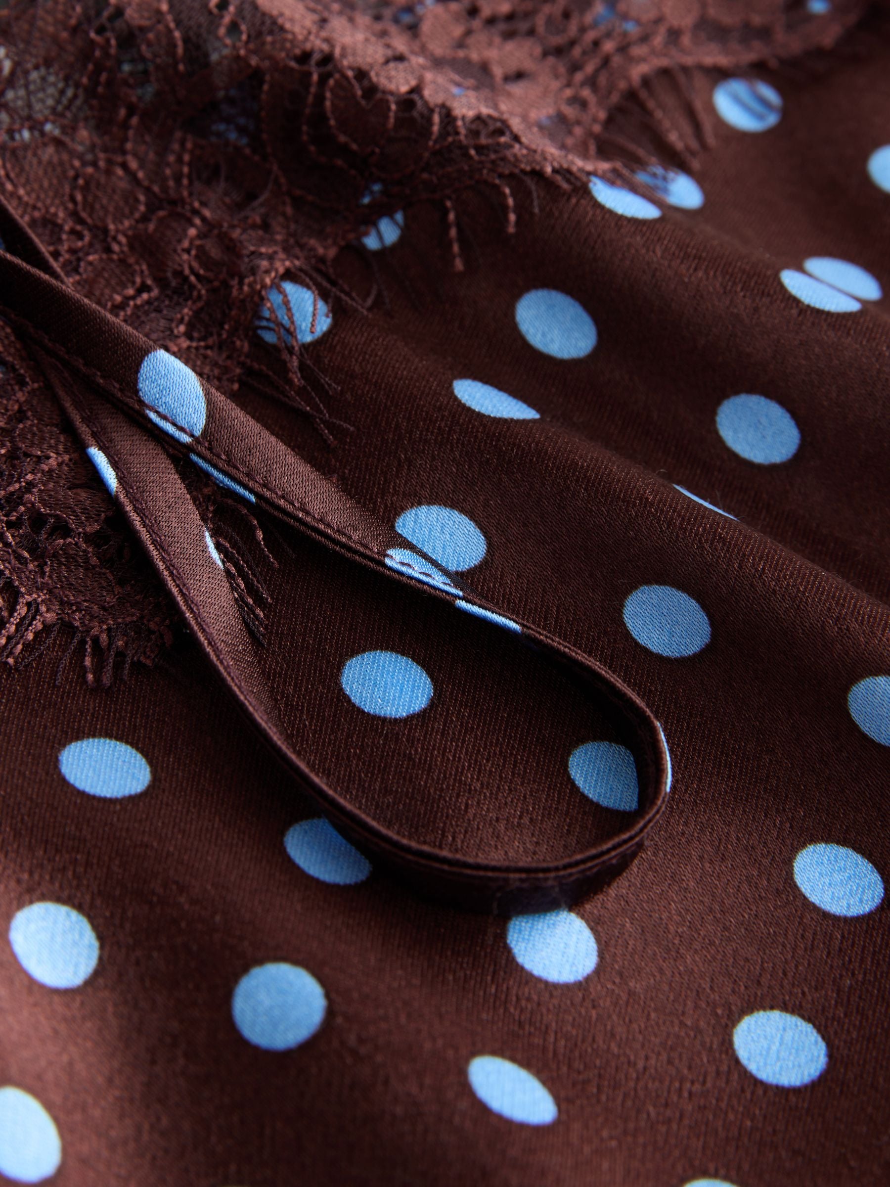 Buy Chocolate Brown/Blue Polka Dot Satin Lace Trim Cami Top from
