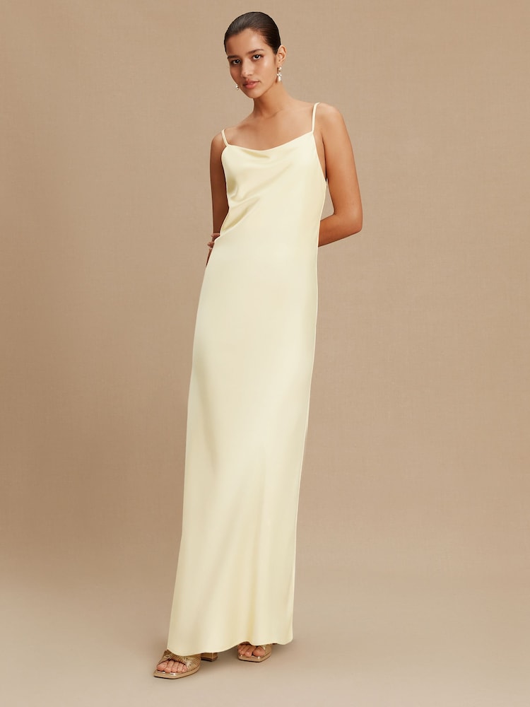 Buttermilk Yellow Satin Cowl Neck Wedding Guest Bridesmaid Maxi Dress - Image 2 of 5 Buttermilk Yellow Satin Cowl Neck Wedding Guest Bridesmaid Maxi Dress - Image 2 of 5