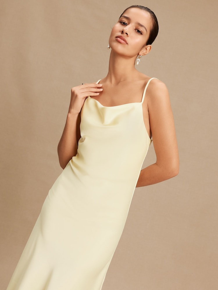 Buttermilk Yellow Satin Cowl Neck Wedding Guest Bridesmaid Maxi Dress - Image 5 of 5 Buttermilk Yellow Satin Cowl Neck Wedding Guest Bridesmaid Maxi Dress - Image 5 of 5