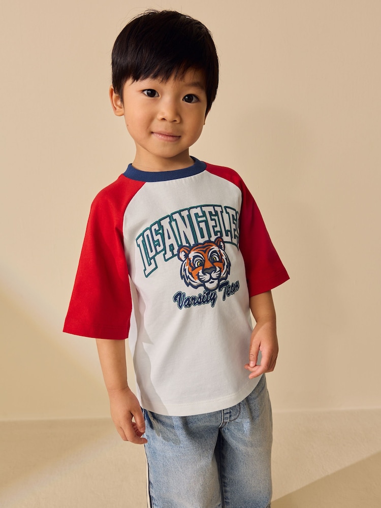 White/Burgundy Raglan Varsity Tiger Short Sleeve Graphic T-Shirt (3mths-7yrs) - Image 1 of 4