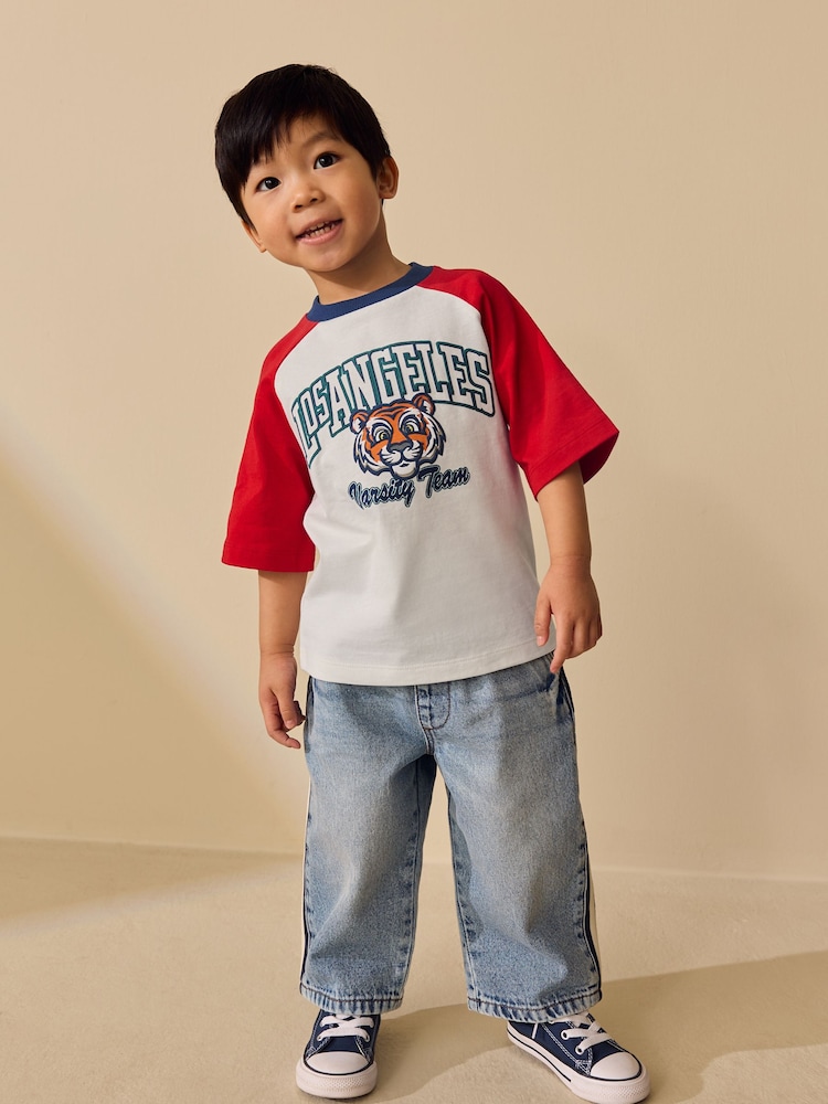 White/Burgundy Raglan Varsity Tiger Short Sleeve Graphic T-Shirt (3mths-7yrs) - Image 2 of 4