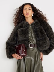 River Island Brown Crop Panel Faux Fur Jacket - Image 1 of 6