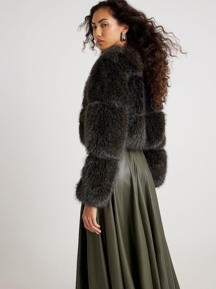 River Island Brown Crop Panel Faux Fur Jacket - Image 2 of 6