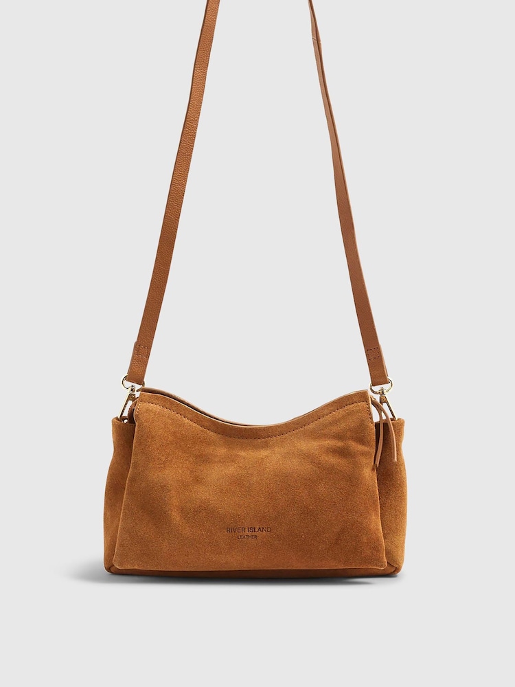River Island Brown Leather Triple Compartment Cross Body Bag - Image 1 of 5