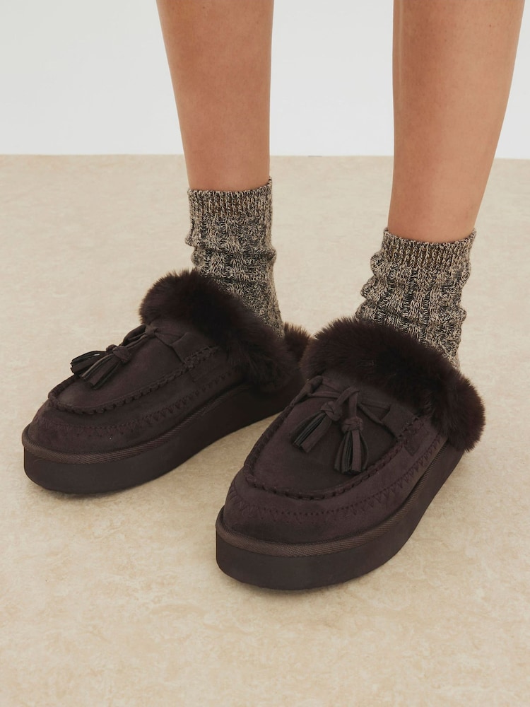 River Island Brown Whipstitch Tassle Slippers - Image 1 of 6