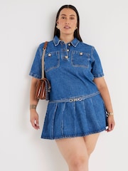 River Island Short Sleeve Pleated Denim Mini Dress - Imagen 1 de 6