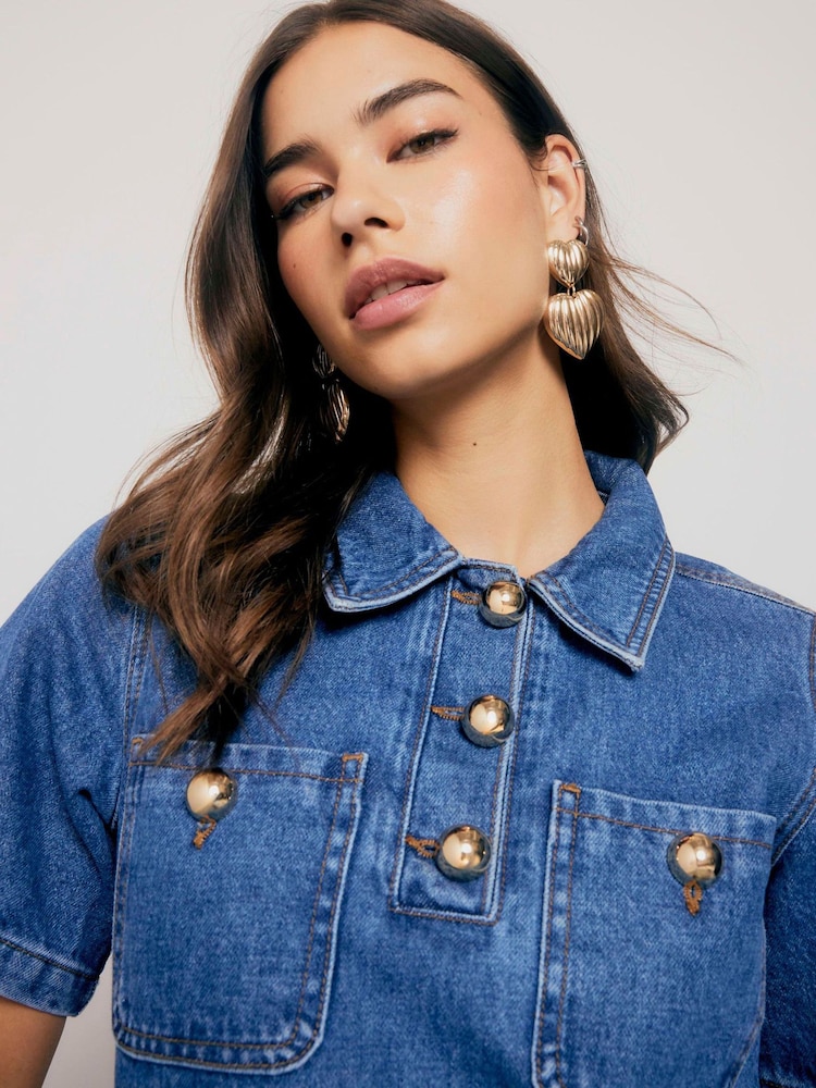 River Island Short Sleeve Pleated Denim Mini Dress - Imagen 2 de 6