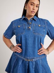 River Island Short Sleeve Pleated Denim Mini Dress - Imagen 3 de 6