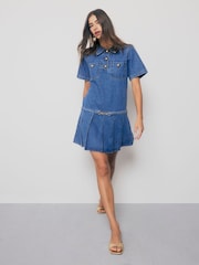 River Island Short Sleeve Pleated Denim Mini Dress - Imagen 5 de 6