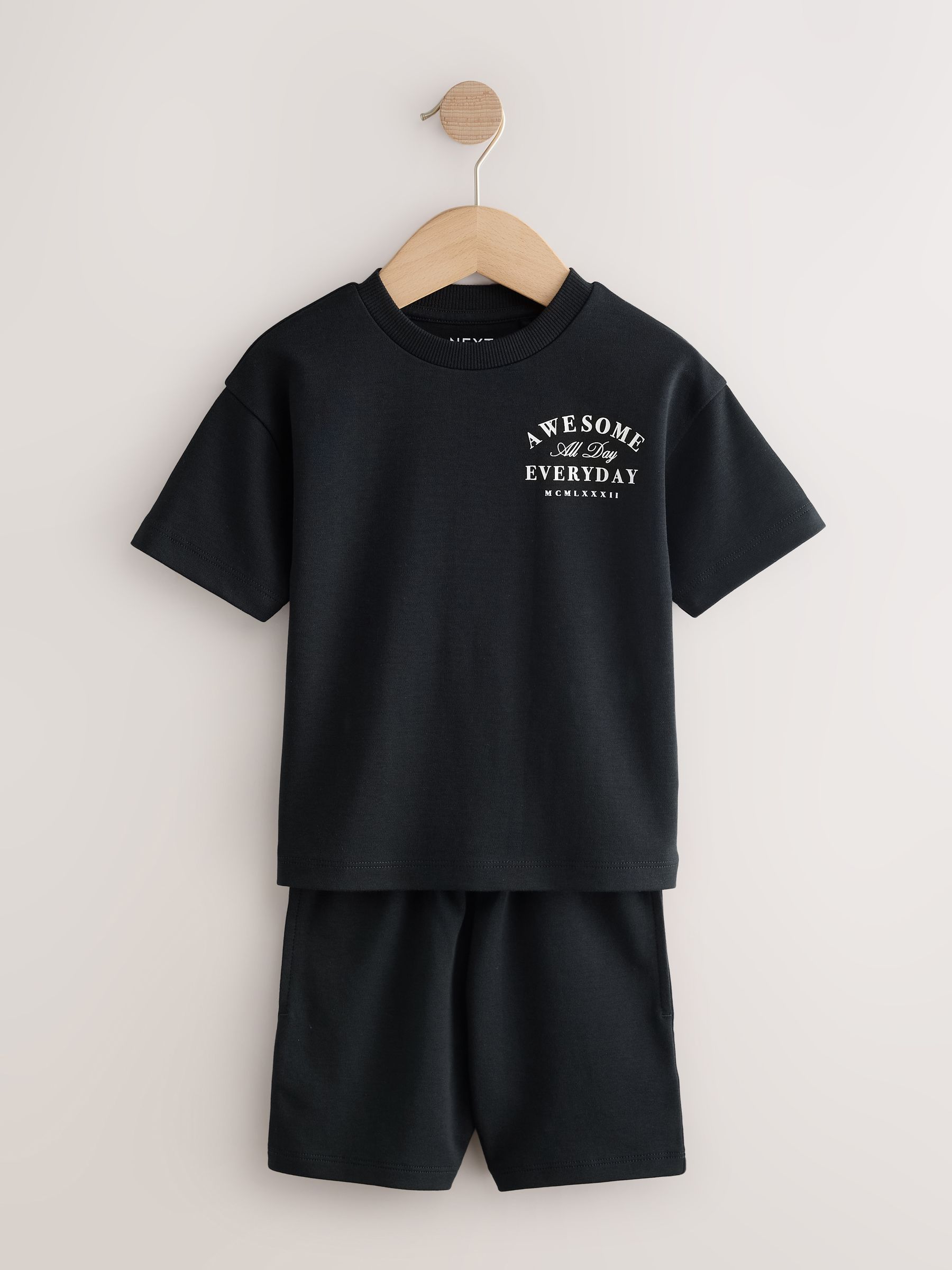 Buy Black/Cream Slogan Backprint Short Sleeve T-Shirt and Shorts