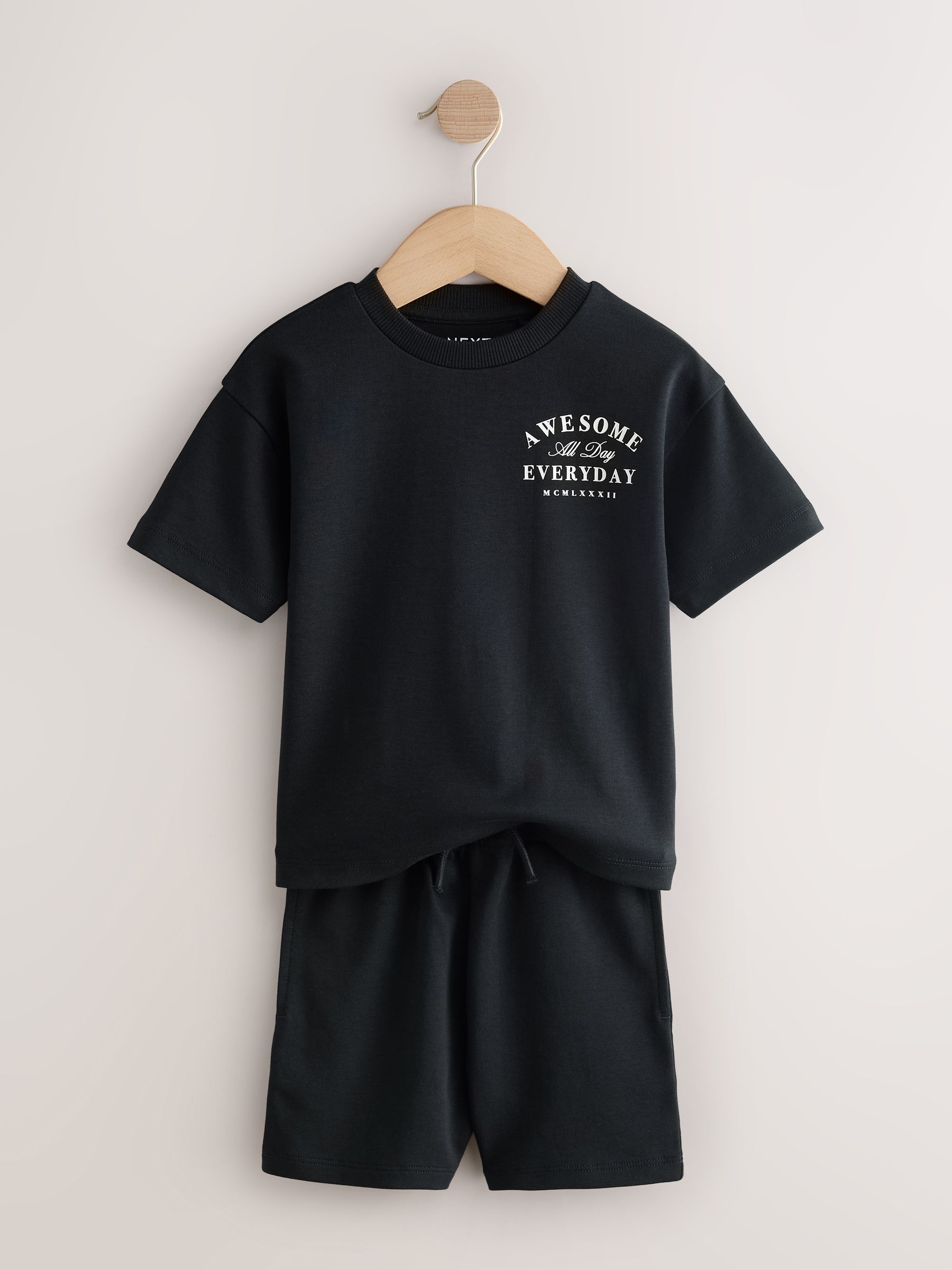 Buy Black/Cream Slogan Backprint Short Sleeve T-Shirt and Shorts