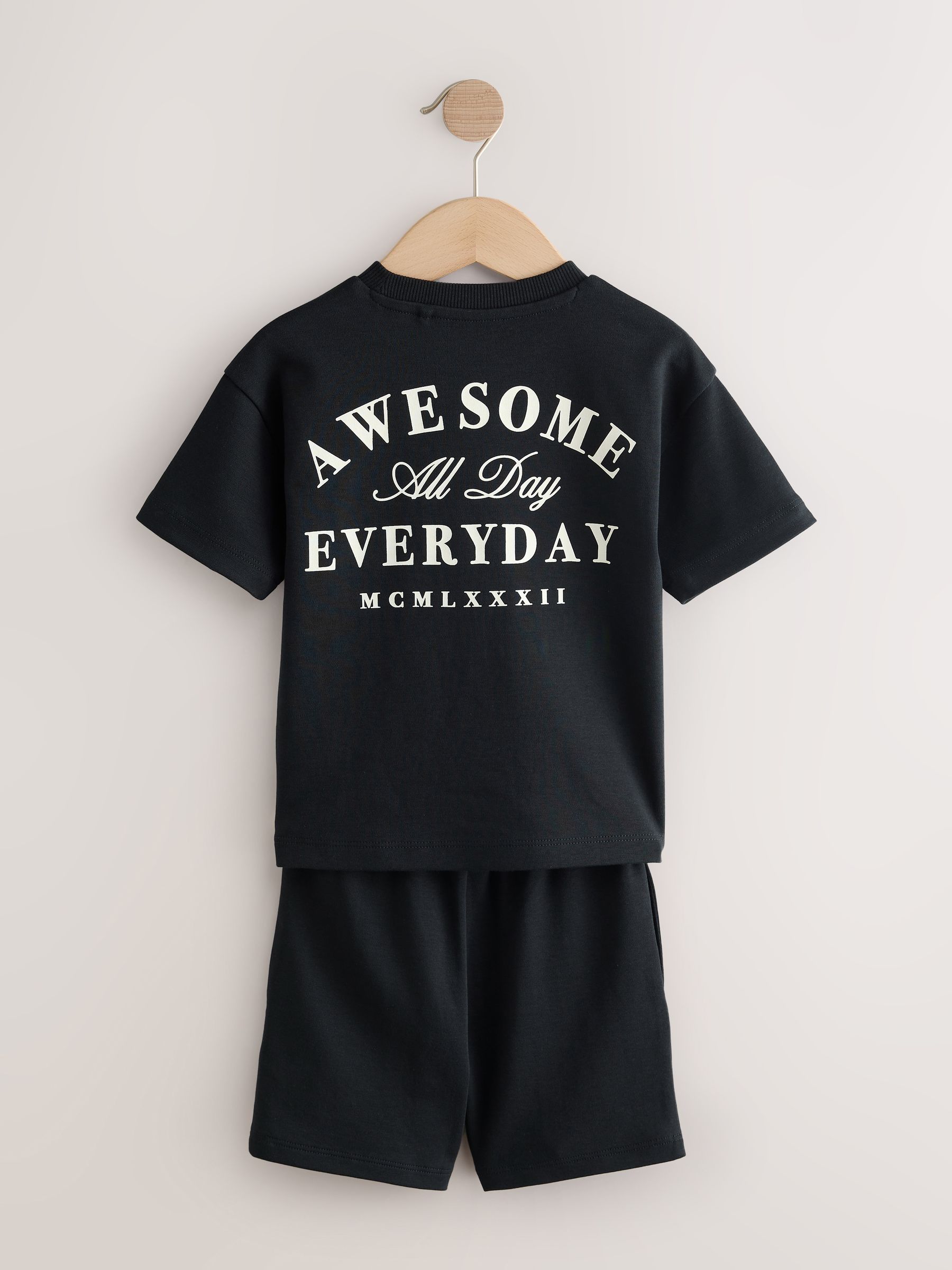 Buy Black/Cream Slogan Backprint Short Sleeve T-Shirt and Shorts