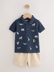 Navy All Over Embroidery Safari Animals Short Sleeve Polo Shirt and Shorts Set (3mths-7yrs) - Image 1 of 9