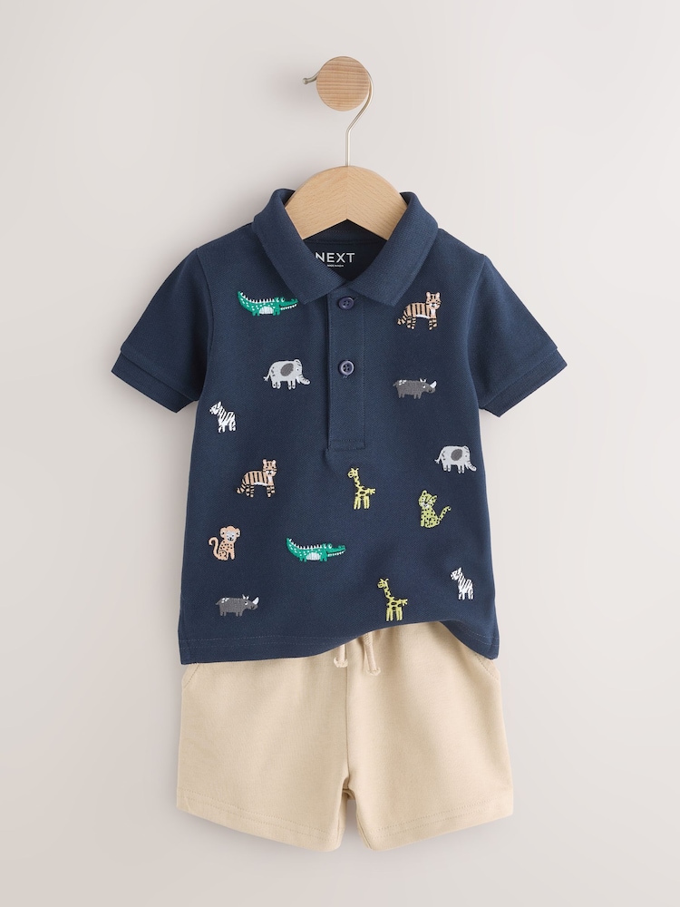Navy All Over Embroidery Safari Animals Short Sleeve Polo Shirt and Shorts Set (3mths-7yrs) - Image 2 of 9