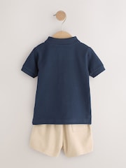 Navy All Over Embroidery Safari Animals Short Sleeve Polo Shirt and Shorts Set (3mths-7yrs) - Image 3 of 9