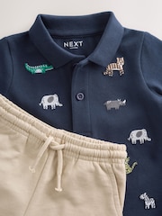 Navy All Over Embroidery Safari Animals Short Sleeve Polo Shirt and Shorts Set (3mths-7yrs) - Image 4 of 9