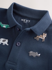 Navy All Over Embroidery Safari Animals Short Sleeve Polo Shirt and Shorts Set (3mths-7yrs) - Image 5 of 9