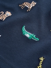 Navy All Over Embroidery Safari Animals Short Sleeve Polo Shirt and Shorts Set (3mths-7yrs) - Image 6 of 9