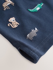 Navy All Over Embroidery Safari Animals Short Sleeve Polo Shirt and Shorts Set (3mths-7yrs) - Image 7 of 9