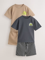 Black/Tan Waves Short Sleeve T-Shirt and Shorts Set 2 Pack (3mths-7yrs) - Image 6 of 12
