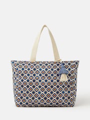 Accessorize Blue Tile Print Beach Tote Bag - Image 1 of 5