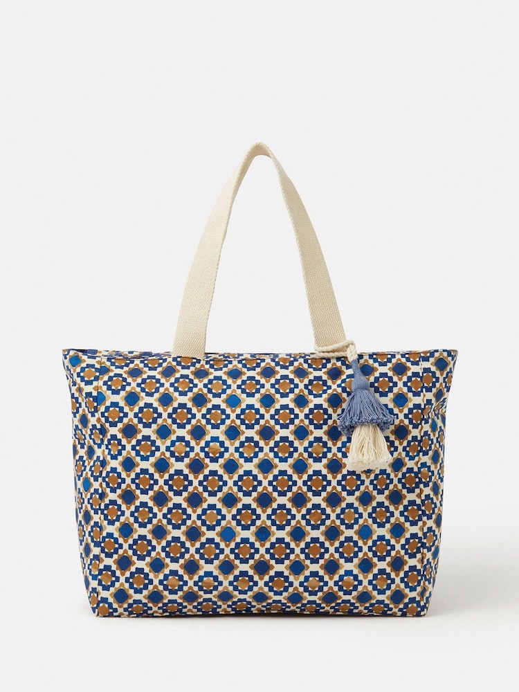 Accessorize Blue Tile Print Beach Tote Bag - Image 1 of 5